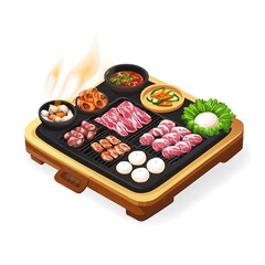 South Korea Korean BBQ 3D Cartoon Style Illustration &ndash; Traditional Grill, Delicious Meat, and Vibrant Korean Cuisine