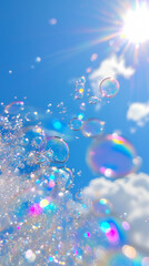 Floating Iridescent Soap Bubbles in Bright Blue Skies and Over Ocean Waves