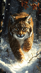 Obraz premium Majestic lynx strides through snowy winter forest, intense gaze. Breathtaking wildlife artwork.