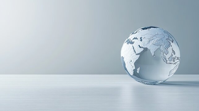 Glass sphere with an intricate map of Asia rests on a minimalist light blue table against a soft white backdrop