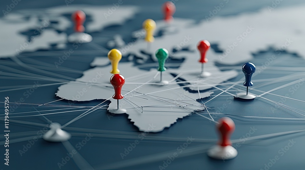 Poster colored pins on a world map create an abstract representation of global connections, highlighting ne