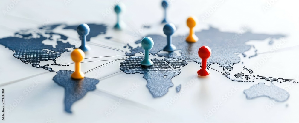 Poster colored pins on a world map create an abstract representation of global connections, highlighting ne