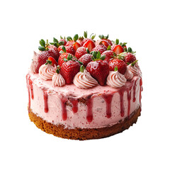 strawberry cake with fresh strawberries isolated on a transparent background, in PNG format