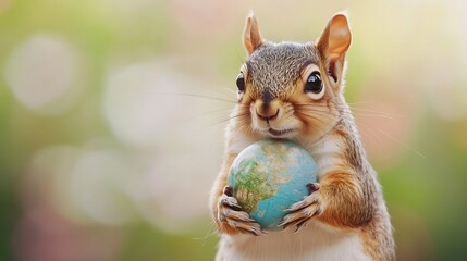 Obraz premium Joyful Squirrel Holding a Miniature Globe in Pastel-Hued Natural Scene