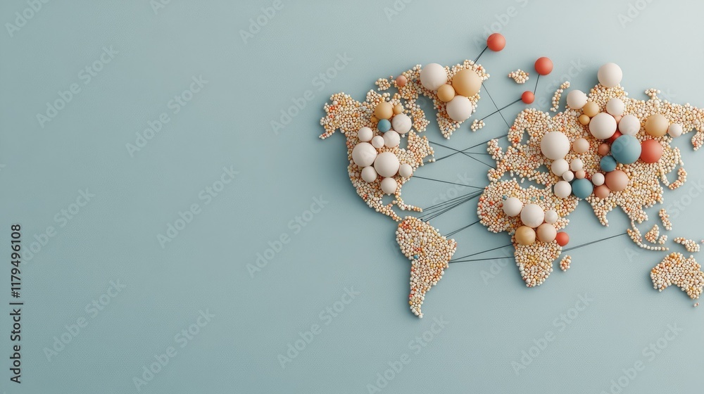 Poster colored pins on a world map create an abstract representation of global connections, highlighting ne