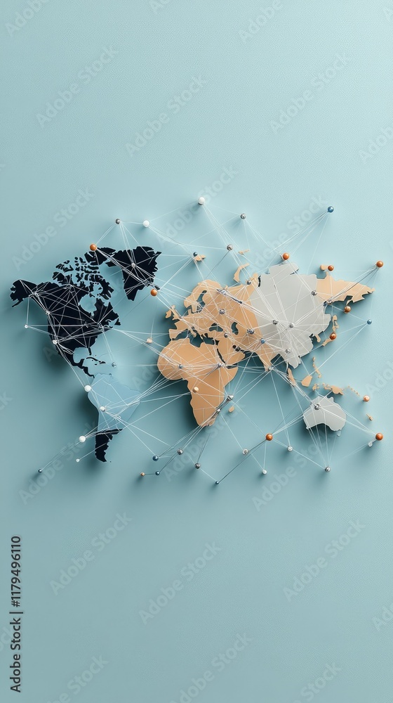 Poster colored pins on a world map create an abstract representation of global connections, highlighting ne