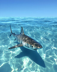 Fototapeta premium Majestic great white shark swimming in crystal-clear turquoise ocean water, sunlit surface.