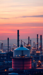 Aerial view oil and gas chemical tank with oil refinery plant background at twilight, business power and energy chemical barrel, doodle art, with white tones