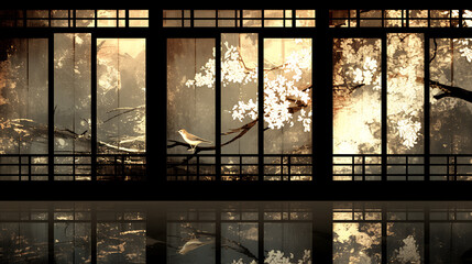 Japan, Japanese pattern, art, folding screen picture, gold, wabi, rust, Japanese spirit, Japanese painting, ink painting, ink painting, classic, ancient art, nightingale, bird, plant, vase, flower,