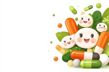 Obraz premium Vibrant cartoon vitamins with faces cheerful display graphic design playful environment whimsical perspective health concept