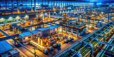 Fototapeta premium Aerial IoT views reveal interconnected smart factory automation, optimizing production through data-driven insights.