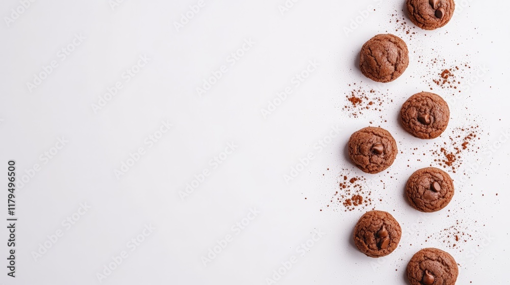 Aufkleber Small round chocolate cookies with chocolate chips are levitating on a white background, forming a diagonal line and sprinkled with cocoa powder, creating a tempting visual arrangement