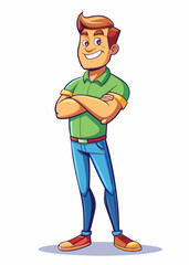 Obraz premium Proud man standing tall with arms crossed, smiling confidently in casual outfit. Self-assured young man with satisfied expression, posing with crossed arms against neutral background. 