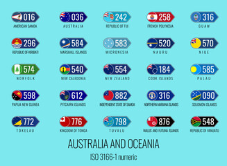 Set of vector illustrations of ISO 3166-1 numeric and flags of the countries of Australia and Oceania.

