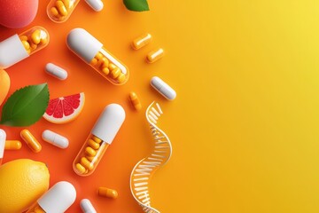 Colorful cartoon capsules with fruit dna strands vibrant background digital art creative concept high angle view science meets fun