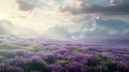 Naklejka premium A meadow covered in soft purple heather with mountains in the background.