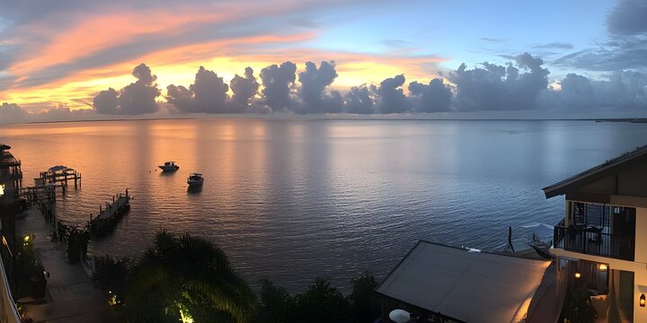 As the sun set over Lake Okeechobee, the scene was a gradient of blue, orange, and red in the cloudy sky. The reflection on the water, the wetland landscape view, and the marshes at high tide 