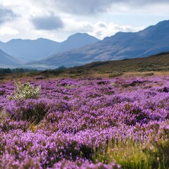 Fototapeta premium A meadow covered in soft purple heather with mountains in the background.