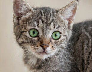 Adorable Grey Tabby Kitten with Striking Green Eyes Close Up Portrait
