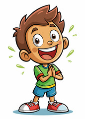 Excited kid clapping hands with bright eyes and big smile. Happy child expressing joy and excitement in colorful vector illustration.