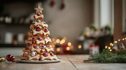 Dog treat Christmas tree shaped from cookie bones, decorated with edible ornaments, glowing holiday atmosphere