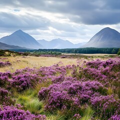 Naklejka premium A meadow covered in soft purple heather with mountains in the background.