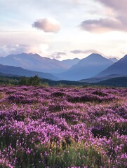 Obraz premium A meadow covered in soft purple heather with mountains in the background.