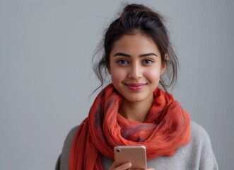 Smiling Young Woman Holding Smartphone. Digital Lifestyle and Communication