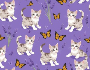 Fototapeta premium Adorable Kittens and Butterflies Seamless Pattern: Lavender, Purple Background