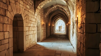 Fototapeta premium A medieval castle hallway with stone walls and flickering torches.