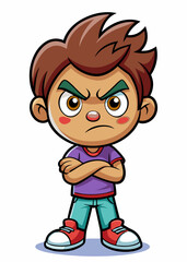  Angry child with crossed arms and furrowed brows, expressing frustration, Annoyed toddler showing displeasure in cartoon vector illustration.
