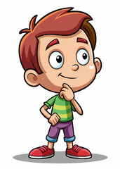 Curious young child thinking with hand on chin, tilting head in deep thought. Cute kid with questioning expression, thoughtful preschooler wondering, isolated vector illustration.