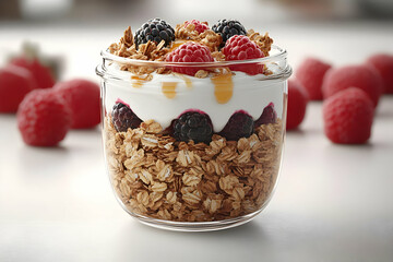 A delightful parfait layered with granola, creamy yogurt, and fresh berries