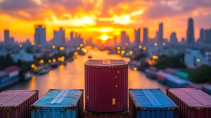  Row of Shipping Containers is Silhouetted Against a Vibrant City Skyline at Sunset, Depicting Global Commerce