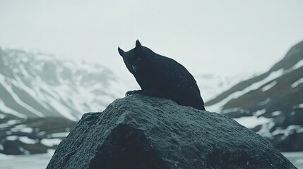 Black owl perched on rock, snowy mountains background, nature scene, wildlife photography.