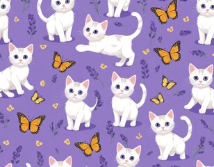 Adorable White Kittens and Butterflies Seamless Pattern: Lavender Floral Background