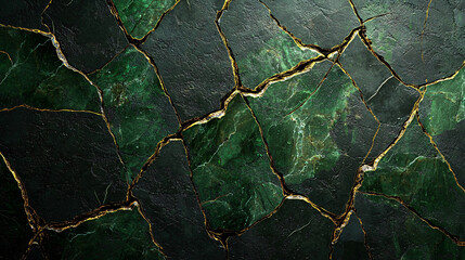 Dark Green Marble Cracked Texture with Gold Veins