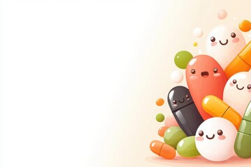 Obraz premium Colorful vitamins and healthy foods as cartoon characters whimsical scene digital art vibrant environment playful perspective health concept