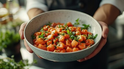 Close-up of hands holding a bowl of vibrant orange gnocchi garnished with fresh herbs.