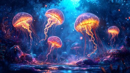 Enchanting Bioluminescent Jellyfish Forest Scene