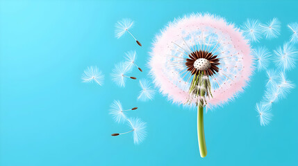Obraz premium Dandelion Flower with Seeds Blowing Away on Blue Background