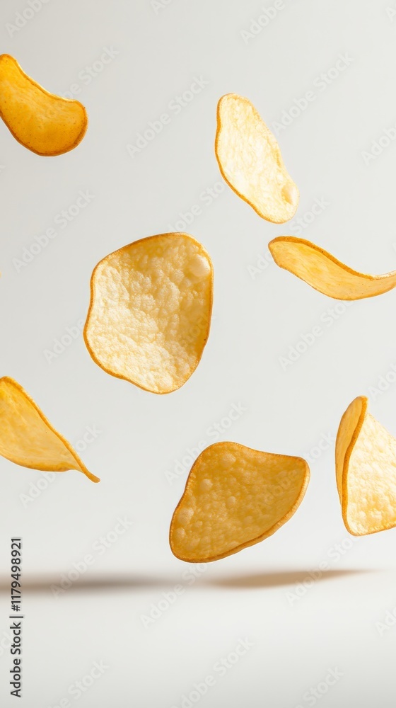 Aufkleber Several golden potato chips are levitating against a minimalist white backdrop, creating a visually appealing scene that emphasizes the texture and form of the popular snack