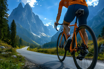 Fototapeta premium A cyclist rides a road bike on a scenic mountain road. The cyclist is wearing an orange shirt and black shorts. The road winds through a valley with h
