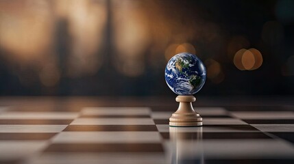 A globe representing Earth is placed on a chessboard surrounded by black and white pieces under a clear blue sky