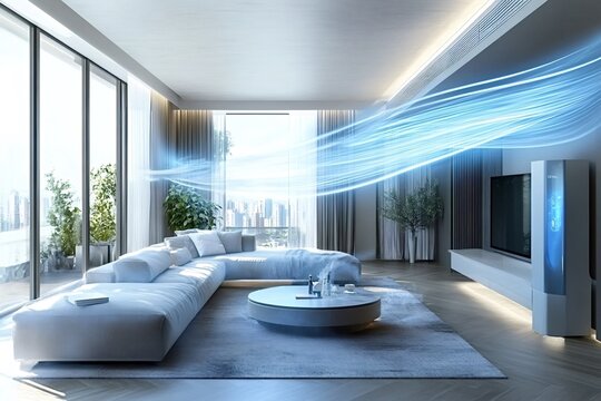 Modern air purifier distributing clean and fresh air in a stylish living room, enhancing the atmosphere and promoting a healthy environment