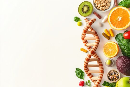 Vibrant double helix surrounded by healthy foods kitchen health concept clean environment top view nutritional benefits