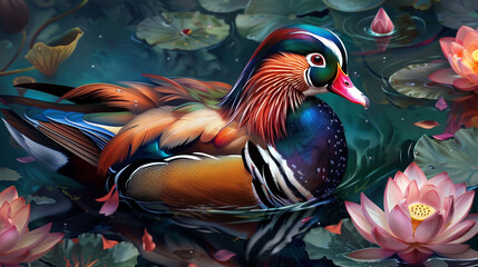 Vibrant mandarin duck swimming in a pond surrounded by blooming lotus flowers