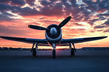 Powerful propeller airplane standing on the airport runway during a vibrant sunset, evoking a sense...