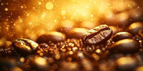 Close-up of coffee beans roasting, surrounded by golden sparks and smoky flames, capturing the heat and energy of the process.