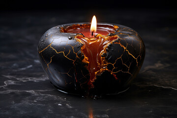 A burnt candle shaped like a heart, melted wax pooling on a black marble surface